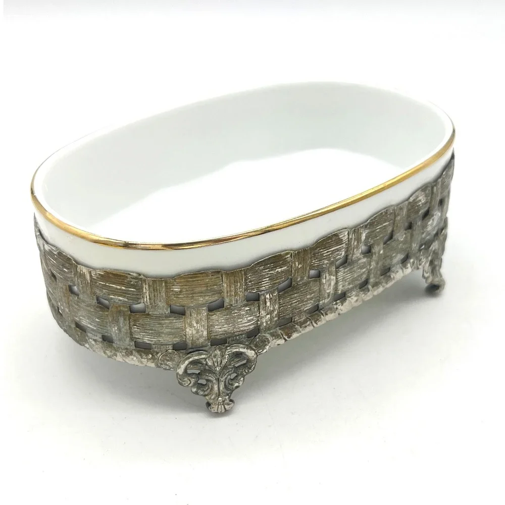 Vintage‎ Oval Ceramic Soap Dish with Ornate Silver Metal Footed Basket